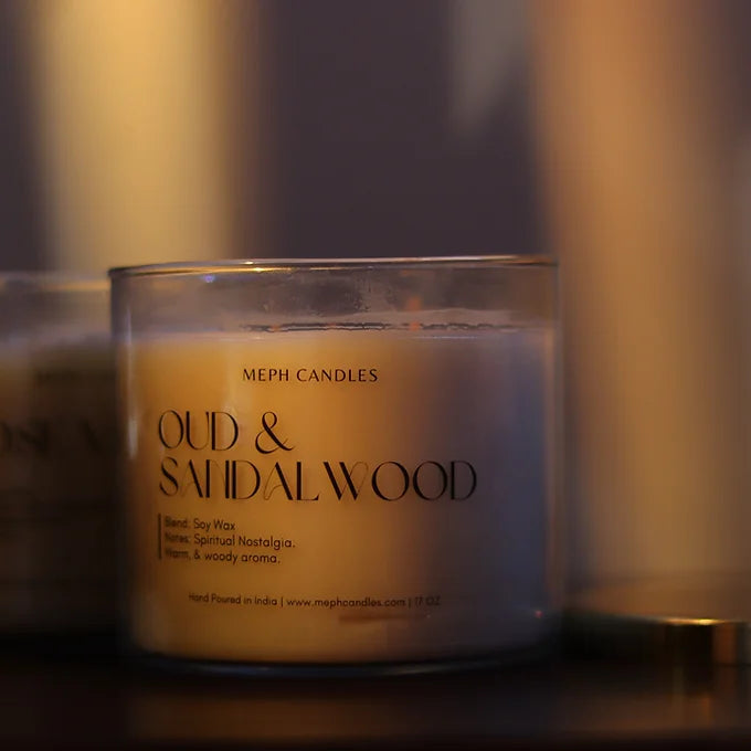 Oudh & Sandalwood, Pure Soy 3 Wick Scented Candle 400 gm